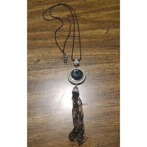 20" Bronze And Silver Tone Necklace With Tassel And Black Bead & Rhinestone